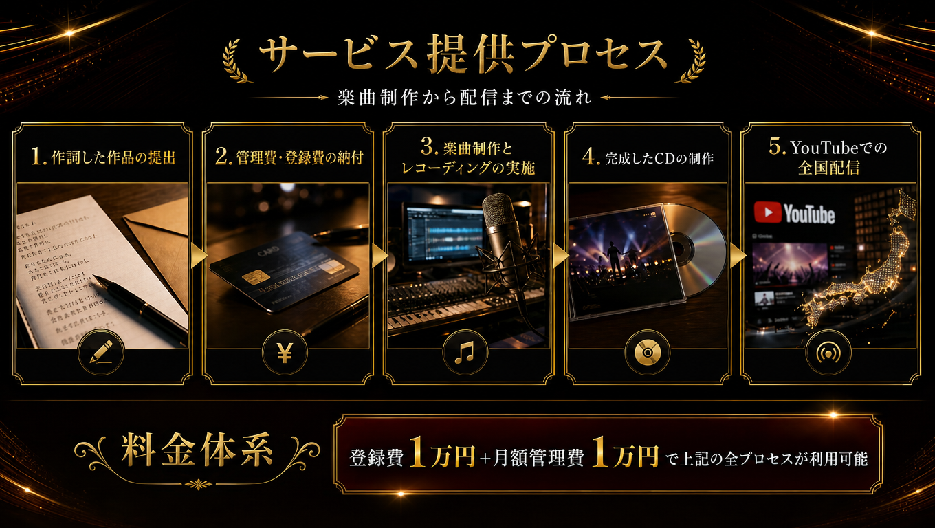 サービス提供プロセス：作詞提出からYouTube配信までの流れと料金体系